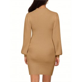 Plus Size - Pregnant Women Maternity Sweater Dress Turtleneck Puff Sleeve Slim Fit Bodycon Mini Dress