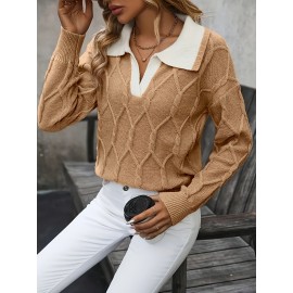 Plus Size - Plus Size Miye Sweater | Fall/Winter Color Block Turn- Collar Elegant Fashion Women'S Pullover Long Sleeve with Rib- Details
