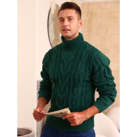Men's Winter Knit Sweater Thickened Warm High Neck Pullover - Soft Cable Knit Design Solid Color Casual Cold Weather Sweaters for Office & Casual Attire (Regular Fit)