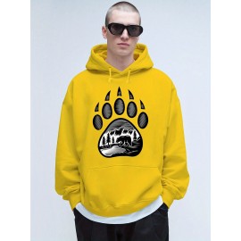 Plus-Size Men'S 3D Digital Print Bear Paw & Forest Graphic Hooded Sweatshirt - with Wildlife Design, Casual Long Sleeve Pullover, Regular Fit for Outdoor & Casual Attire, Nature-Inspired Men'S Fashion, Plus Size