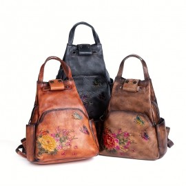 Vintage-Inspired Large Capacity Black Leather Backpack with Floral & Butterfly Design - Adjustable Strap, Zipper Closure, Polyester Lining, Urban Style, Trendy Fashion Backpack|Vintageinspired Backpack|Durable Backpack