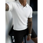 Men'S Summer Fashion Rib-Knit Polo Shirt | Short Sleeve, Lapel Collar, Rayon, Medium Stretch, Solid Color, Ideal for Business Travel and Casual Social Events