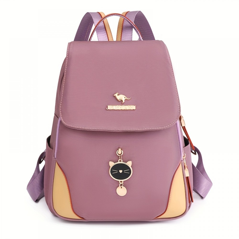 [Cute Cat Backpack] Durable & Soft Black Nylon Minimalist Style Backpack with Cute Cat Design | Multiple Zipper Pockets, Ideal for Daily Commute & School Use, Commuter Backpack | Playful Backpack